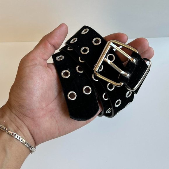 Y2K 2000s round studded black and silver velour grunge emo belt - Picture 4 of 8